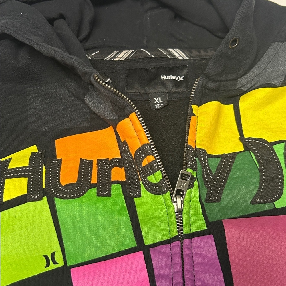 Hurley Black Zip Front Hoodie with Multicolor Graphic Front and Back - Picture 4 of 5